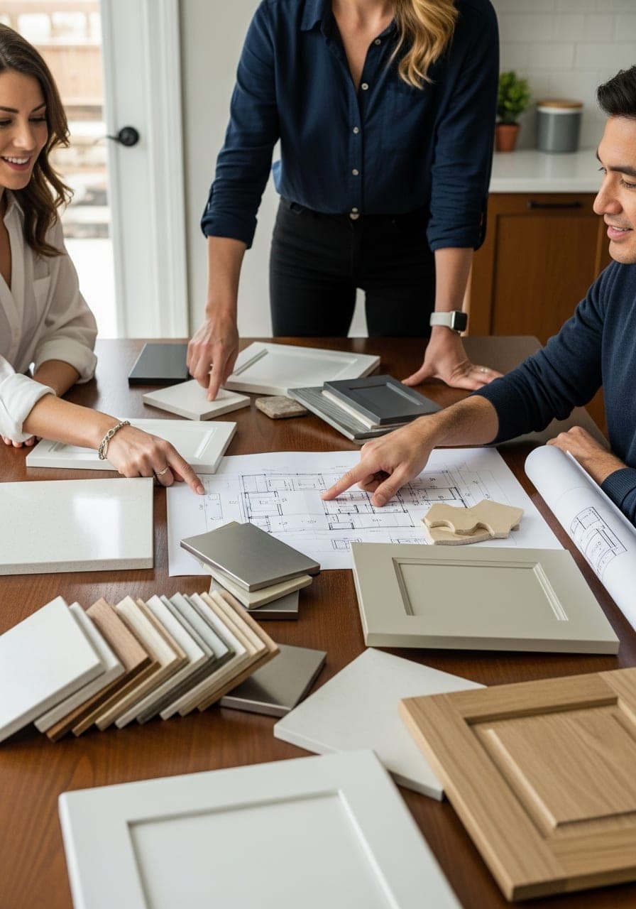 Kitchen designer consulting with homeowners